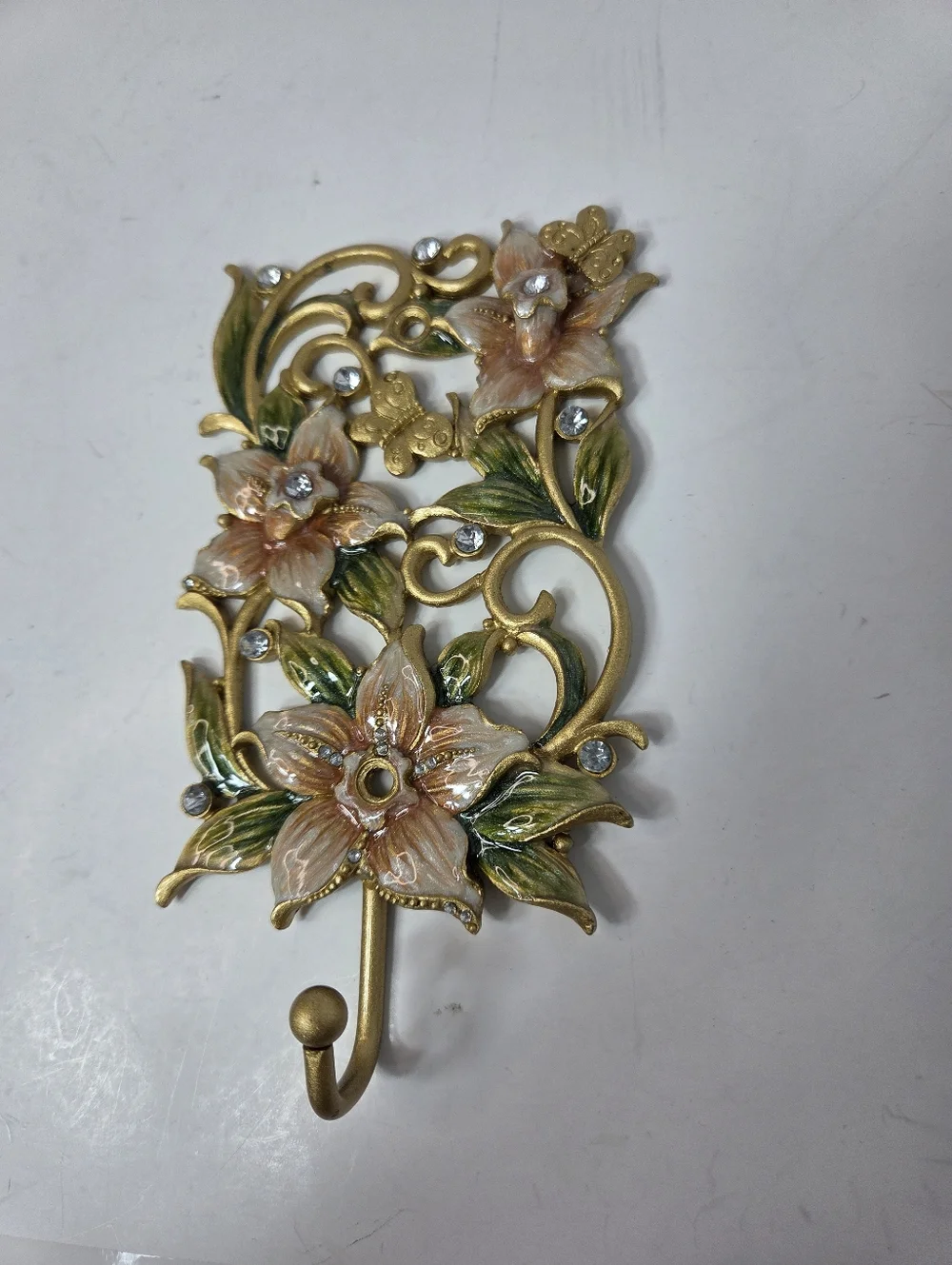 Floral Gold Wall Hook with Pink Blossoms Home decor Accent cottagecore metal